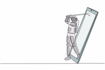 Poster - Single continuous line drawing astronaut golf player swing golf club getting out of smartphone screen. Online golf game with mobile app. Cosmonaut deep space. One line draw design vector illustration