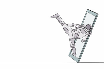Poster - Single one line drawing of taekwondo astronaut in spacesuit doing kick pose getting out of smartphone screen. Online app taekwondo game. Cosmic galaxy space. Continuous line design vector illustration