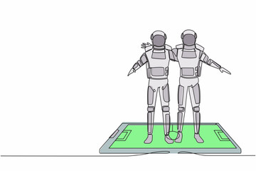 Poster - Single continuous line drawing two soccer players astronaut embrace each other on surface of smartphone. Mobile football soccer. Cosmonaut deep space. One line draw graphic design vector illustration