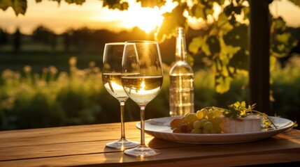  Wine Glasses in Vineyard at Sunset
