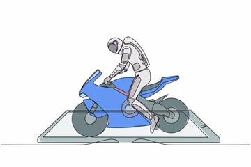 Poster - Continuous one line drawing young astronaut biker wearing helmet, riding motorcycle on smartphone screen. Online sport bike. Cosmonaut outer space. Single line draw graphic design vector illustration