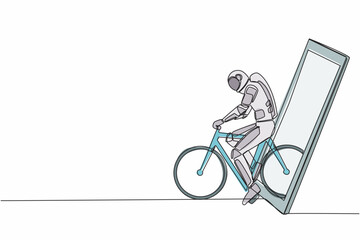 Poster - Single continuous line drawing young astronaut bicycle racer improve his speed at training session getting out of smartphone screen. Cosmonaut deep space. One line graphic design vector illustration