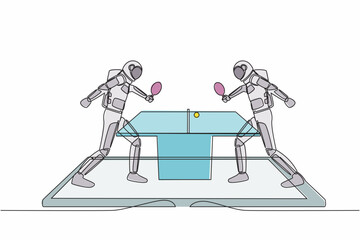 Poster - Single continuous line of drawing table tennis court with two astronaut players on smartphone screen. Professional sports competition. Cosmonaut deep space. One line graphic design vector illustration