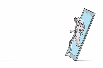 Poster - Single one line drawing astronaut runner focus to run fast at track, getting out of smartphone screen. Mobile sports play matches. Cosmic galaxy space. Continuous line draw design vector illustration