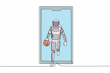 Poster - continuous one line drawing astronaut basketball player running and dribbling with ball out of smart
