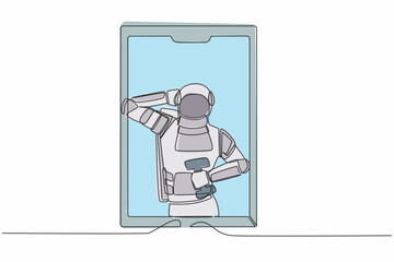 Poster - continuous one line drawing astronaut online fitness trainer. spaceman with dumbbells on phone scree