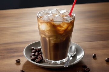 Wall Mural - Iced coffee with milk in a glass on wooden table. Selective focus