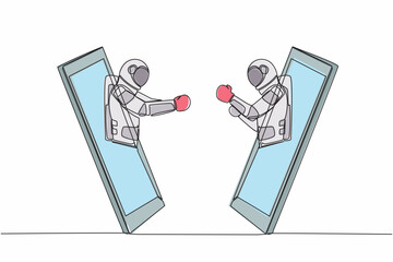 Poster - Single continuous line drawing young astronaut boxers comes out from smartphone ready to fight. Competitive sport, single combat. Cosmonaut deep space. One line draw graphic design vector illustration