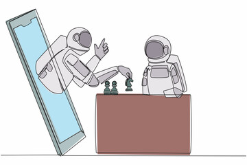 Aufkleber - Single continuous line drawing two astronaut sitting at table and playing online chess. One player shows how to play from smartphone. Cosmonaut deep space. One line graphic design vector illustration