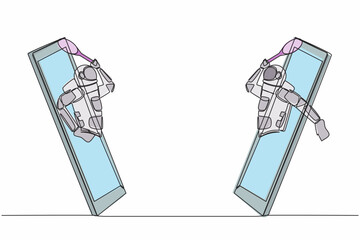 Poster - Single one line drawing of two young astronaut tennis players comes out from cellular phone ready to play in moon surface. Cosmic galaxy space. Continuous line draw graphic design vector illustration