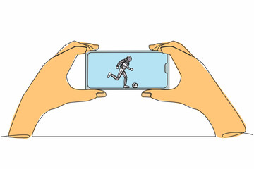Poster - Continuous one line drawing football league live streaming on mobile phone. Man hand holding smartphone and watch spaceman football match. Cosmonaut outer space. Single line design vector illustration