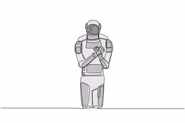 Poster - Continuous one line drawing young astronaut standing with keeping hands on chest. Spaceman suffering from chest pain or heart attack. Cosmonaut outer space. Single line draw design vector illustration