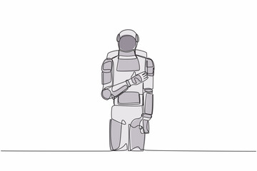Poster - Continuous one line drawing young astronaut standing with keeping hands on chest. Friendly expressing gratitude. Future technology. Cosmonaut outer space. Single line draw design vector illustration