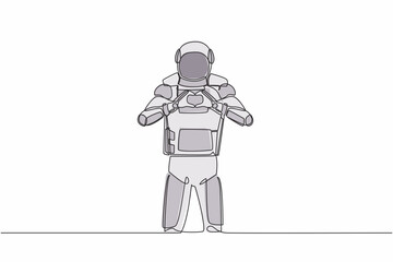 Poster - Single continuous line drawing of young astronaut standing with making love sign, heart symbol in front of chest. Cosmonaut deep space concept. Dynamic one line draw graphic design vector illustration