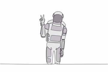 Poster - Continuous one line drawing young astronaut standing with v symbol, victory sign, success or winner gesture in moon surface. Cosmonaut outer space. Single line draw graphic design vector illustration