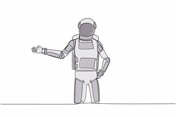 Poster - Single one line drawing of young astronaut standing with showing something or presenting project in moon surface. Cosmic galaxy space concept. Modern continuous line graphic design vector illustration