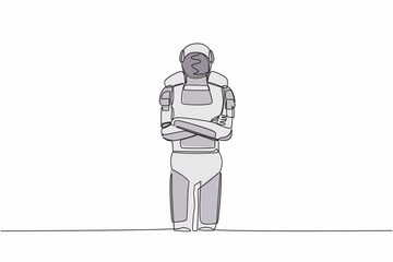 Poster - Single one line drawing young astronaut standing with folded arms pose. Future space technology development. Cosmic galaxy space concept. Modern continuous line draw graphic design vector illustration