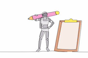 Poster - Single continuous line drawing young astronaut carrying big pencil and looking clipboard in moon surface. Checklist of spaceship duty. Cosmonaut deep space. One line graphic design vector illustration