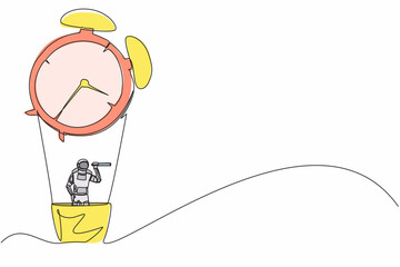 Poster - Single one line drawing of young astronaut in hot air balloon with alarm clock looking with telescope or monocular. Cosmic galaxy space concept. Continuous line draw graphic design vector illustration
