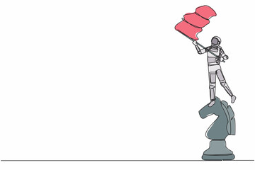 Poster - continuous one line drawing young astronaut standing on top of big chess horse knight piece and wavi