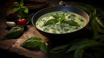 Wall Mural - an inviting scene of a coconut milk-based green curry with fresh Thai basil