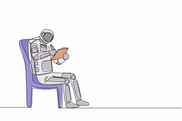Poster - Continuous one line drawing young astronaut sitting on chair and writing on clipboard. Spaceship exploration plan strategy. Cosmonaut outer space. Single line draw graphic design vector illustration