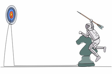 Poster - Single one line drawing of young astronaut holding huge dart and targeting dartboard while riding chess horse knight piece. Cosmic galaxy space. Continuous line draw graphic design vector illustration