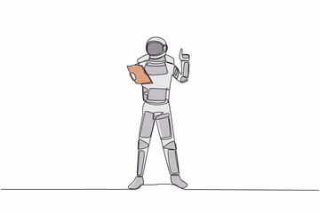 Poster - Single one line drawing of young astronaut holding clipboard and pointing index finger up in moon surface. Cosmic galaxy space concept. Modern continuous line draw graphic design vector illustration