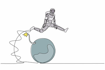 Poster - Continuous one line drawing astronaut jumping over bomb. Explosion of the economic crisis caused decrease space company development. Cosmonaut outer space. Single line draw design vector illustration