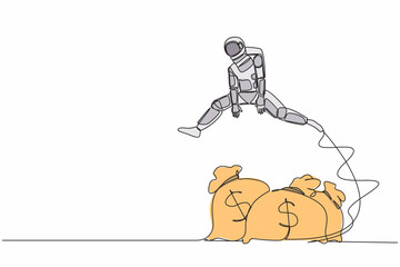 Poster - Continuous one line drawing astronaut jumping over money bag. Loan capital funding for space company, money help in crisis. Cosmonaut outer space. Single line draw graphic design vector illustration