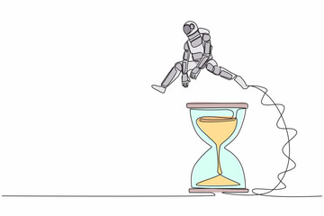 Poster - Single one line drawing young astronaut jumping over hourglass. Business spaceship company scheduling and time management. Cosmic galaxy space. Continuous line draw graphic design vector illustration