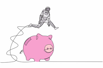 Poster - Single continuous line drawing of astronaut jumping over piggy bank. Security money storage, saving for spaceship project investment. Cosmonaut deep space. One line graphic design vector illustration