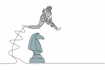 Poster - Single one line drawing astronaut jumping over chess horse knight. Brain intelligence for spaceship project. Tactical movement. Cosmic galaxy space. Continuous line graphic design vector illustration