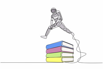 Poster - Single continuous line drawing astronaut jump over pile of binders. Spaceship expedition paperwork document. Information classification. Cosmonaut deep space. One line draw design vector illustration