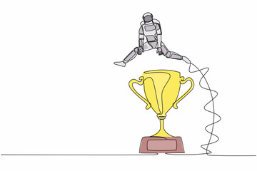 Poster - Continuous one line drawing young astronaut jumping over big trophy. Challenge or succeed in spaceship business competition. Cosmonaut outer space. Single line draw graphic design vector illustration