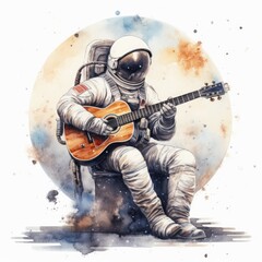Wall Mural - watercolor astronaut playing guitar on a white background. Generative AI