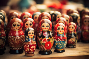 Wall Mural - Brightly painted population of wooden Matryoshka or Babuska stacking dolls. Varying sizes. Females faces with red lipstick and rosy cheeks. Girls in traditional floral dresses and scarfs?