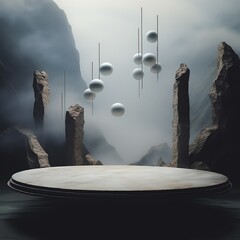 Wall Mural - a round platform with rocks and balls from it