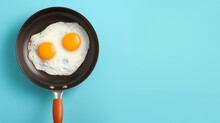 a frying pan with two eggs