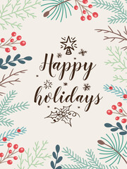 Wall Mural - Christmas card with evergreen plants and lettering