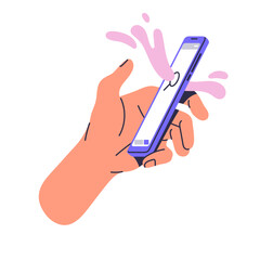 Poster - person holds smartphone in hand, search info in browser app. user press magnifier icon on screen to 