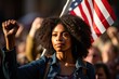 A young determined African American woman in front of the USA flag, positive, proud and confident, protesting against racism, for justice and equality, Black Lives Matter