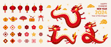 Chinese New Year Design Elements, Set Of Decorative Drawings In A Flat Style With Symbols Of Traditional Chinese Holiday With Lanterns, Dragons, Flowers And Objects. Vector Illustration.