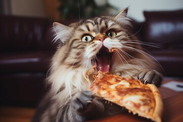 Wall Mural - Cute cat with pizza at home. Cat is eating pizza at home.