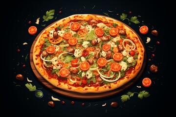 Wall Mural - Pizza with mozzarella, tomatoes and mushrooms on a wooden board