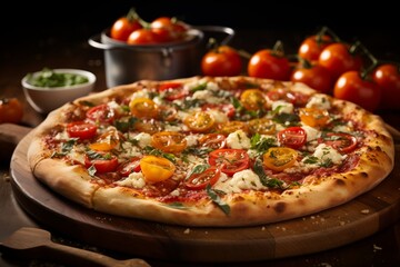 Wall Mural - Pizza with mozzarella, tomatoes and mushrooms on a wooden board