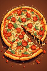 Wall Mural - Illustration of a pizza on a wooden board with tomatoes and mushrooms