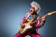© Eli Berr - Grandmother playing electric guitar and screaming a song on stage as a rock star with blurred lights. Dynamic senior lifestyle concept, Sunset of life in colors.