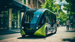 Futuristic Self-Driving Bus on a City Street, Smart Public Transport, Green Urban Mobility, Sustainable City, Adaptive AI Powered Commuting, Autonomous Taxi Cab