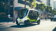 Electric Mini Mobility Vehicles Self-Driving On A City Street With Passengers, Smart Public Transport, AI Powered Shared Car, Futuristic Taxi, Green Mini Bus, Sustainable City Planning